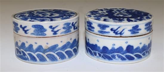 Two Chinese blue and white dragon seal paste boxes and covers, 19th century, diameter 6cm, some damage